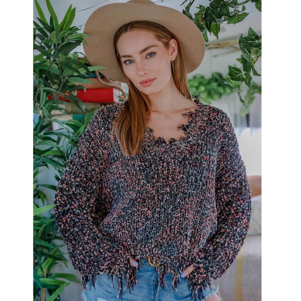 Fall Slouchy Sweater Soft Classy Black V-Neck Sweater Distressed Pullover